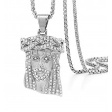 Crown of Thorns Jesus Steel Pendant with CZ 24 inch Box Chain